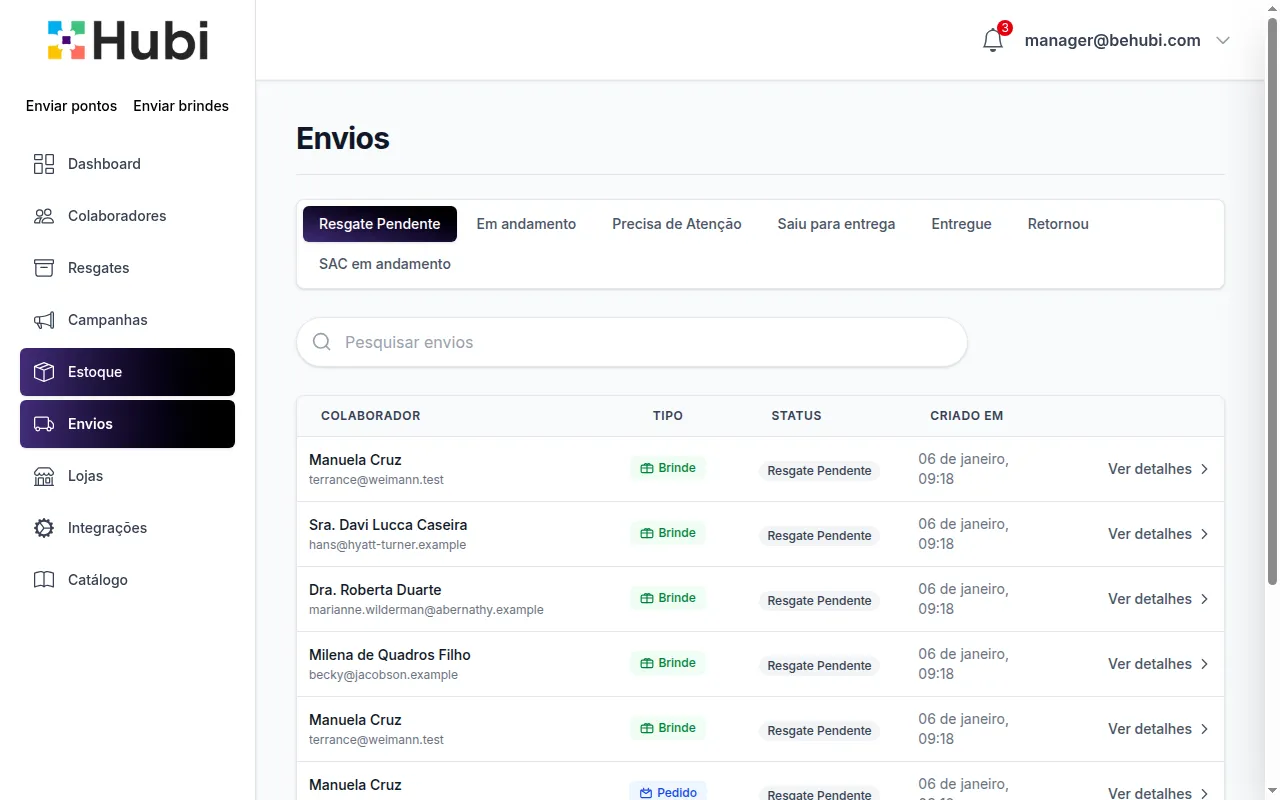 Painel de gestão de envios Hubi